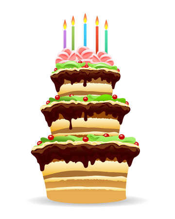 Birthday cake with burning candles drawn in cartoon style. Vector illustration.のイラスト素材
