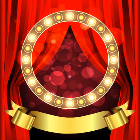 Stage with red curtain, golden ribbon and bulb lamps. Vector illustration.のイラスト素材