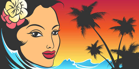 Summer Vacation Retro Poster with Woman face and tropic seacoast. Vector illustration.のイラスト素材