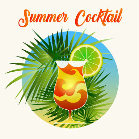 Poster drawn in retro style with exotic summer cocktail and palm tree leaves. Vector illustration.のイラスト素材