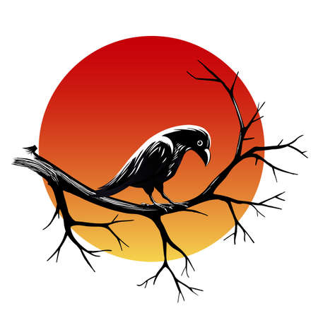 Black raven sitting on a branch of leafless tree against sun isolated on black. Vector illustrationのイラスト素材