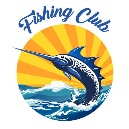 Fishing Club Emblem. Sword fish jumping out of water. Vector illustration.のイラスト素材