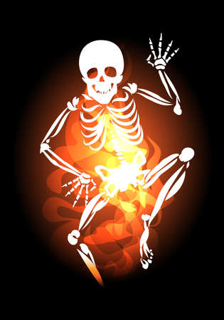 Human Skeleton with waving hand Jumps Out of Hell Fire. Vector illustrationのイラスト素材