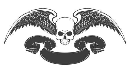 Vintage monochrome logo template with skull and eagle wings with ribbon isolated on white. Vector illustrationのイラスト素材
