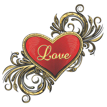 Heart With Flower Swirls and hand made Wording Love drawn in tattoo style. Vector illustration.のイラスト素材