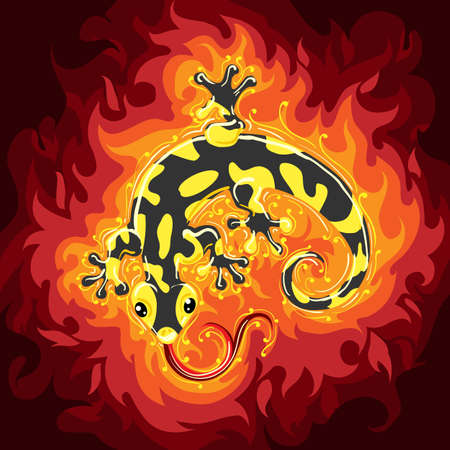 Fire Salamander on Flame background. Vector illustration.のイラスト素材