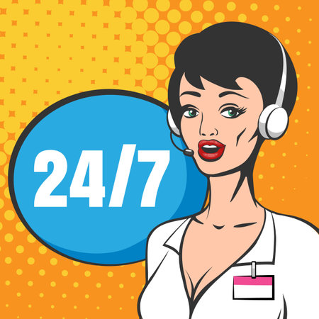 Online assistant customer and operator, online technical support 24-7 drawn in retro book style....
