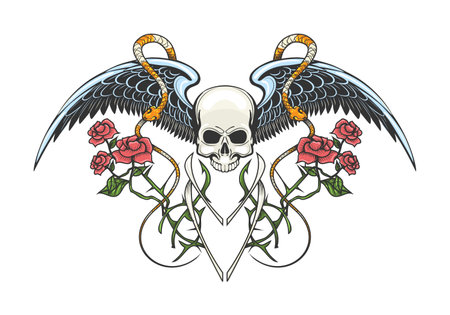 Colorful Tattoo of Human skull, snakes and rose branches. vector illustration.のイラスト素材