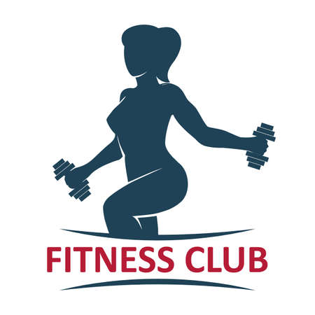 Fitness Gym Logo presenting athletic woman lifting weights. vector illustration.のイラスト素材