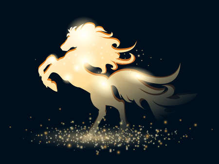 Golden Stallion on black starry background. Vector illustrationのイラスト素材