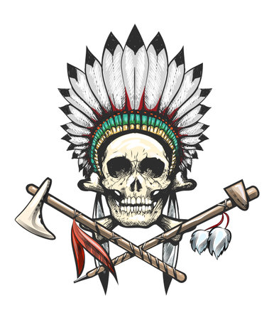 The Indian Skull in War Bonnet Tattooのイラスト素材