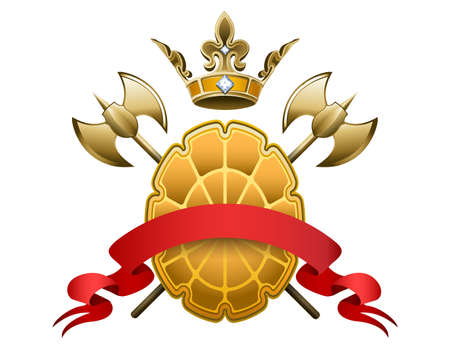 Coat of Arm with Crown Golden Shield Crossed Axes and Red Banner isolated on white. Vector illustration.のイラスト素材