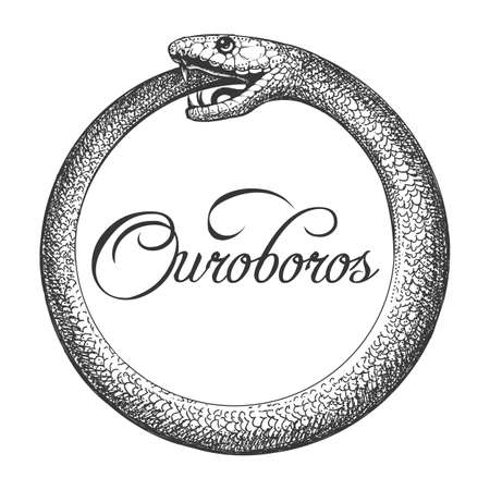 Tattoo of Ouroboros Snake Ancient Esoteric Symbol drawn in engraving style isolated on white. Vector Tattoo.のイラスト素材