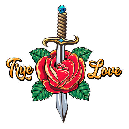 Tattoo of Rose pierced by Knife and wording True Love isolated on White. vector illustration.のイラスト素材