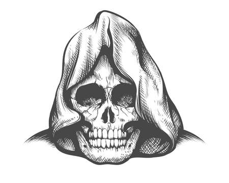 Tattoo of Skull in a Hood Engraving style isolated on white. vector illustration.のイラスト素材