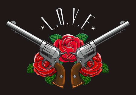 Two Crossed Revolver Pistols with Three Rose Flowers and wording Love drawn in Tattoo style isolated on black vector illustrationのイラスト素材