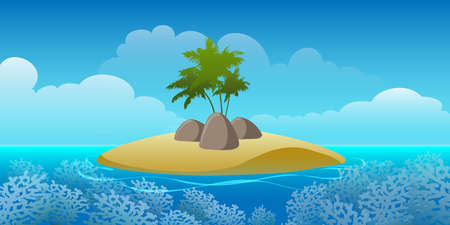 Tropical Island with Palm trees and Coral Reef in the Ocean. vector illustrationのイラスト素材
