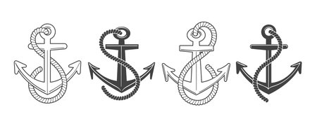 Set of black and White Ship Anchors isolated on white. vector illustration.のイラスト素材