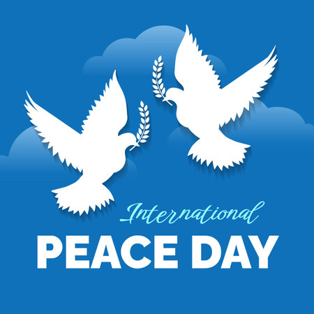 Emblem of Pigeons with Leaf Symbol of Peace. International Peace Day Emblem. vector illustration.のイラスト素材