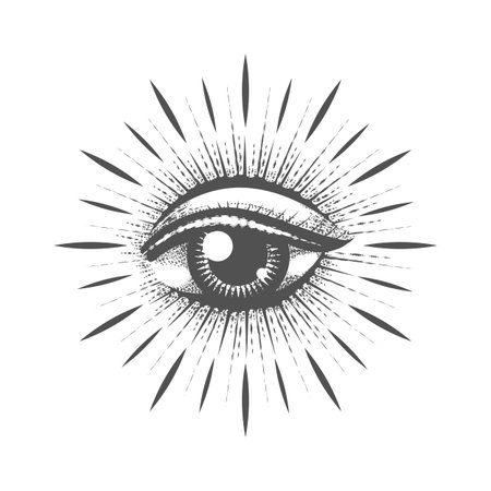 Monochrome Esoteric Engraving Tattoo of Masonic Symbol All Seeing Eye Engraving Tattoo isolated on white. Vector illustration.のイラスト素材