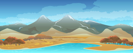 Autumn Riverside Mountain Landscape Backgroundのイラスト素材