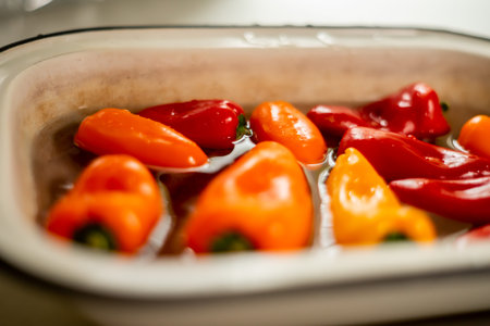 Colorful peppers in water in vintage enamel bowl