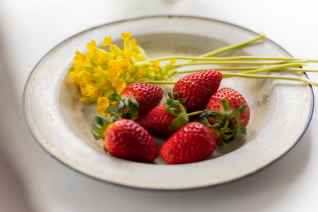 Enameled vintage plate with ripe strawberries and yellow flowersの写真素材