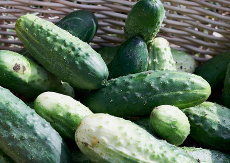 Blurred background with fresh cucumbers. Selective focus on cucumber. Close up.の写真素材