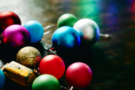 Defocused background with colorful Christmas decorations.