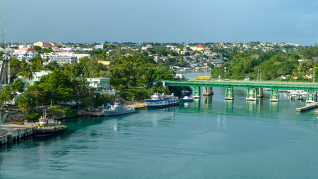 Hafenm river Rio Dulce and city of La Romanaのeditorial素材