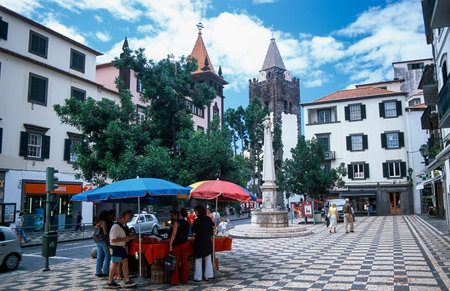 Town square with cathedral in Funchal, Portugalのeditorial素材