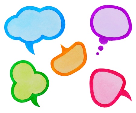Set of Colorful Speech Bubbles or Clouds, Watercolor Hand Drawn and Painted, Isolated on Whiteの写真素材