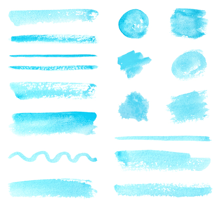 Set of Blue Watercolor Paint Strokes and Splashes. Isolated on White backgroundの写真素材