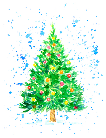 Christmas Fir Tree with Balls Covered by Snowflakes as Postcard. Watercolor Hand Drawn and Painted. Isolated on White Backgroundの写真素材