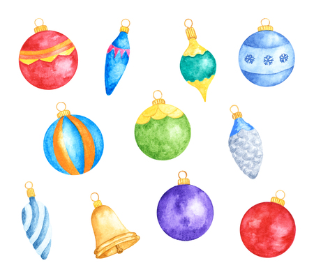 Set of Various Colorful Christmas Tree Decorations. Watercolor Hand Drawn and Painted. Isolated on White Backgroundの写真素材