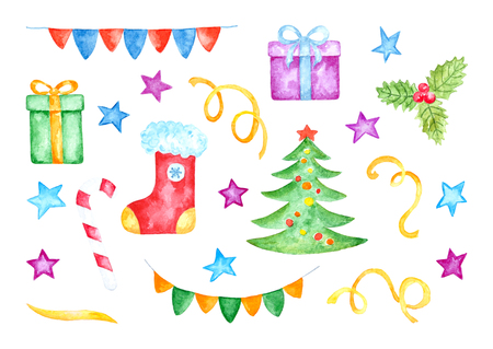 Set of Various Colorful Christmas Decorations. Watercolor Hand Drawn and Painted. Isolated on White Backgroundの写真素材
