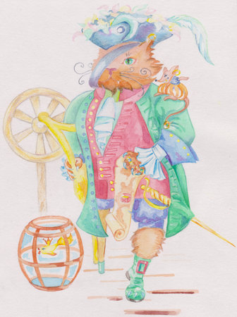 The cat-pirate is one footed it has the mouse on its shoulderの写真素材
