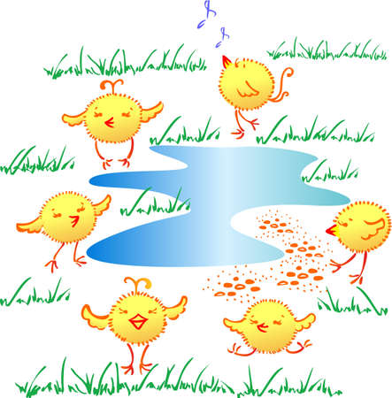 The funny chickens enjoy life near the waterのイラスト素材