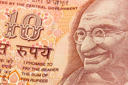 close-up 10 indian rupee frontside with Mahatma Gandhi. Backgroundの写真素材