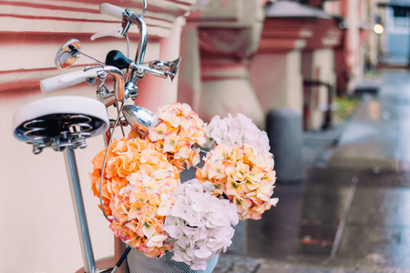 Vintage bicycle with flowers in a basketの写真素材