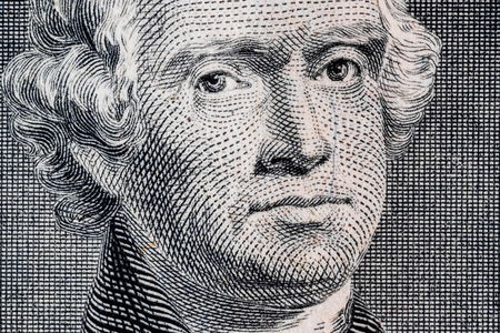 Thomas Jefferson portrait close-up on 2 dollar banknoteの写真素材