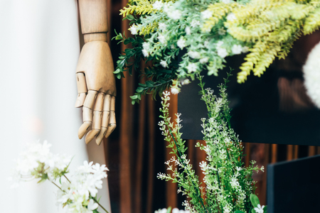 Close-up of storefront with plastic mannequin hands and plantの写真素材