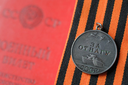 vintage medal for honor on  St. George Ribbon with red USSR military idのeditorial素材