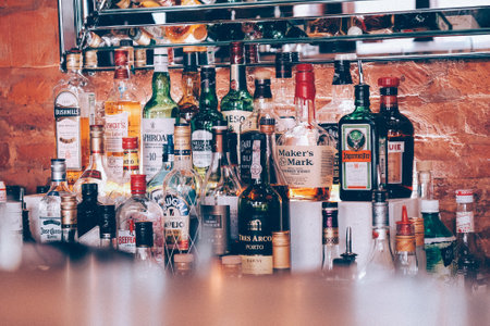 Mickey & Monkeys cafe bar counter with alcoholic beverages Saint-Petersburg, Russia.April, 29, 2018のeditorial素材
