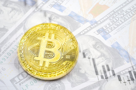 The concept of the fall of the cryptocurrency rate, Bitcoin against the dollar. Bitcoin coin on the...