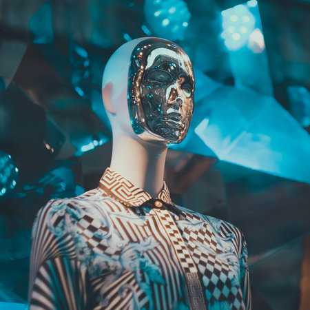 Fashionable and stylish mannequin in the shop window of a boutique, square format, toned blue.