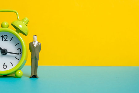 Mans dummy next to a green vintage clock on a yellow background left side.の写真素材