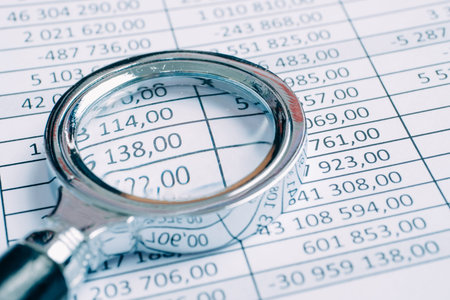 Magnifier lies on paper with totals. Concept financial reports. Toned.の写真素材