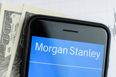RUSSIA, ST.PETERSBURG, April 4, 2019: site with Logo of the bank Morgan Stanley in the smartphone...