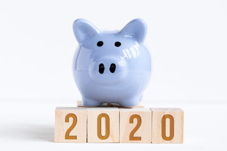 Blue piggy bank stands on wooden cubes with numbers symbolizing new year 2020 on white background....